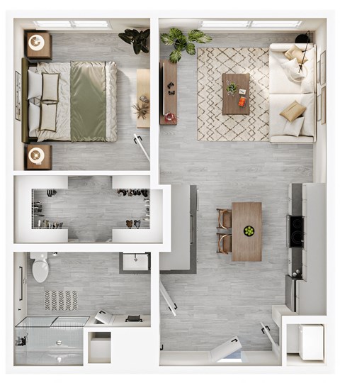 a 3d rendering of a bedroom and living room with different floor plans